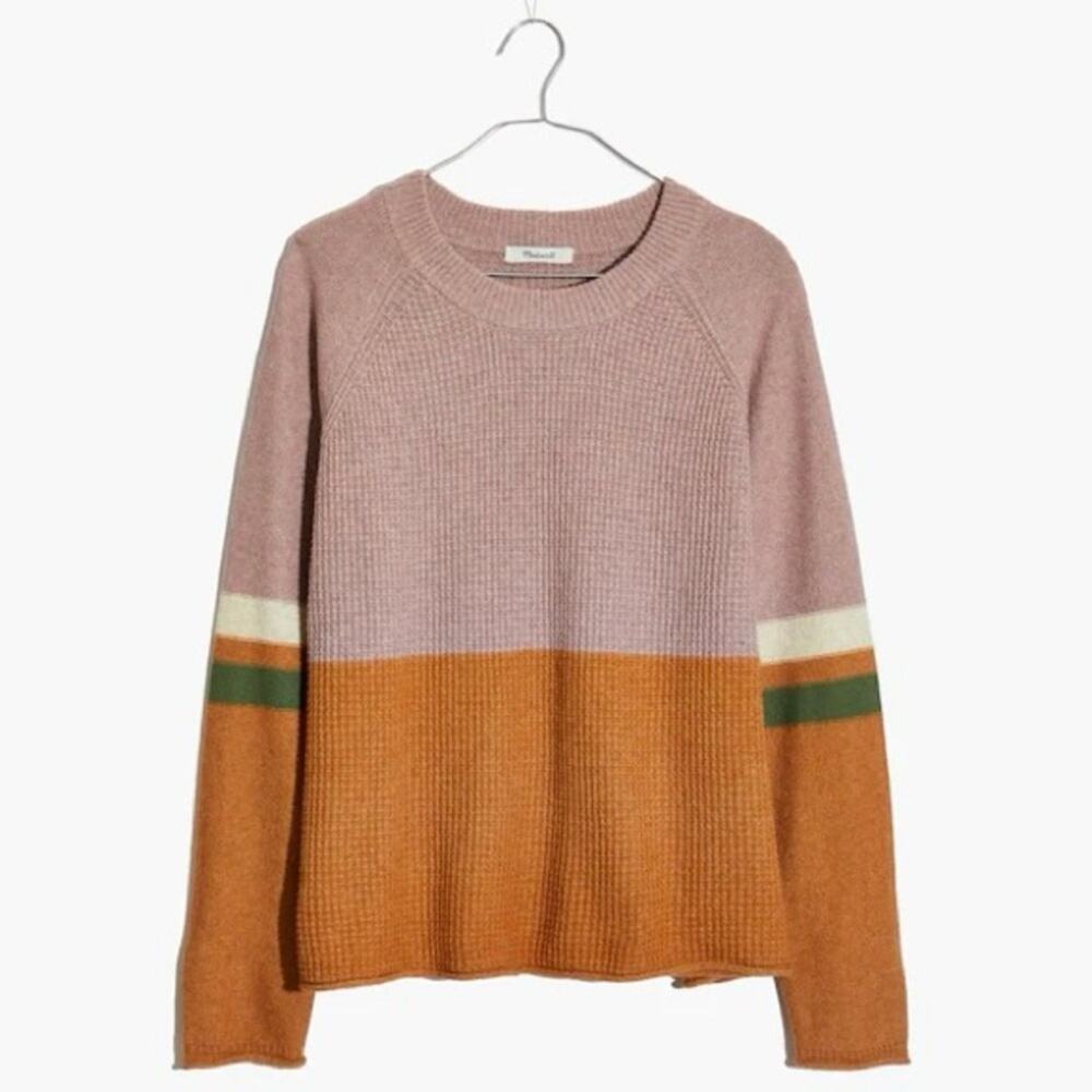 Madewell Striped Roll-Trim Waffle Pullover Sweater in Cotton-Merino Yarn XXS